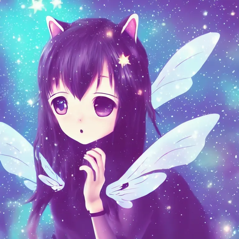 Prompt: cute, full body, female, anime style, a cat girl with fairy wings, large eyes, beautiful lighting, sharp focus, simple background, creative, heart effects, filters applied