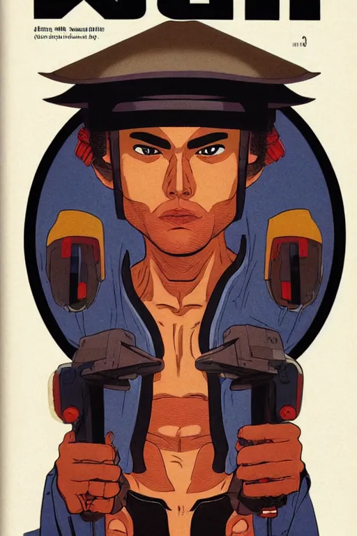 Prompt: 1 9 7 9 omni magazine cover of kianu reeves in a samurai hat. piercing gaze. simple stylized cyberpunk photo by josan gonzalez.