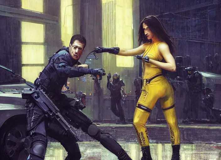 Prompt: Maria defeats sgt Nash. Cyberpunk hacker wearing yellow fighting menacing police troopers (blade runner 2049, cyberpunk 2077). beautiful face. Orientalist portrait by john william waterhouse and James Gurney and Theodore Ralli and Nasreddine Dinet, oil on canvas. Cinematic, hyper realism, realistic proportions, dramatic lighting, high detail 4k