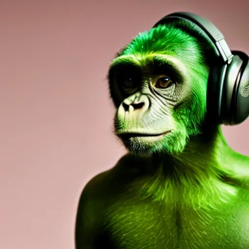 Image similar to a photo of a green chimp wearing headphones