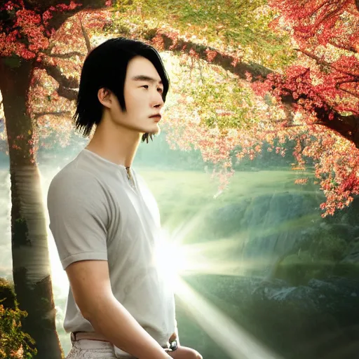 Image similar to a young handsome chinese prince, long black hair, golden eyes, elegant, intricate, backlit, incredible lighting, strong rim light, subsurface scattering, epic beautiful landscape, cherry trees, highly detailed, god rays, digital painting, by Heise Jinyao, Heise-Lian Yan Fang, Feimo, Rossdraws, HDRI, vivid colors, high contrast, 8k resolution, photorealistic