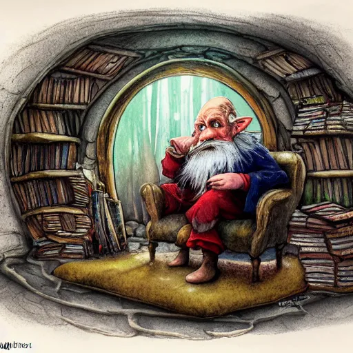 Prompt: dramatic light volumetric light hobbit knome elf whimsical fantastical a muted color watercolor sketch of a old man sitting in big chair next of a fireplace in his whimsical fantastical hobbit house living room surrounded by stacks of books from a whimsical fantastical story book character ifrom the book Baltimore & Redingote by Jean-Baptiste Monge of an old man in the style of by Jean-Baptiste Monge that looks like its by Jean-Baptiste Monge and refencing Jean-Baptiste Monge