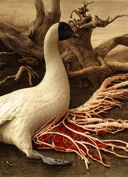 Image similar to portrait of a goose with translucent skin, visible muscles and veins and arteries and bones and spines and nerves, beautiful detailed intricate insanely detailed octane render, 8k artistic photography, photorealistic, chiaroscuro, by David Cronenberg, Raphael, Caravaggio