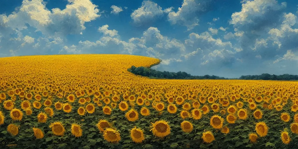 Image similar to Hyper realistic oil painting of an endless sunflower field, high contrast, blue skies, cinematic, by greg rutkowski