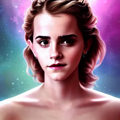 Image similar to dream portrait of Emma Watson, dreamy and ethereal, expressive pose, big pink eyes, exciting expression, fantasy, intricate, elegant, many rainbow bubbles, rose tones, highly detailed, digital painting, artstation, concept art,cyberpunk wearing, smooth, sharp focus, illustration, art by artgerm and greg rutkowskiand alphonse mucha,Salvador Dali.