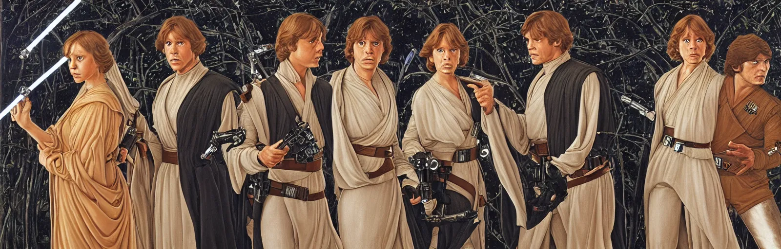 Image similar to luke skywalker, princess leia and han solo in return of the jedi, by sandro botticelli