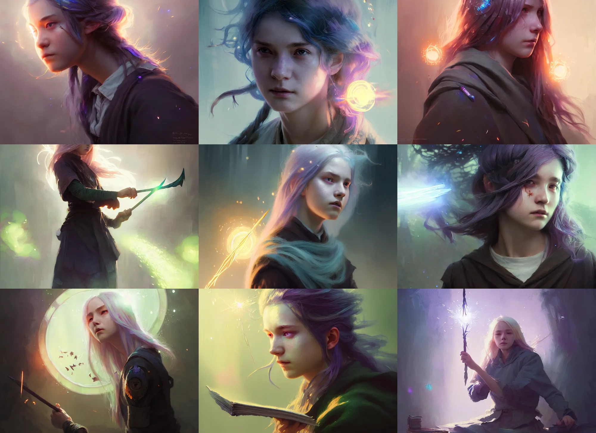 Prompt: rugged female college student witch, light iridescent hair color, magic school uniform, casting spells, fantasy, intricate, sharp focus, lens flare, bloom, illustration, highly detailed, digital painting, concept art, matte, art by ruan jia and wlop and greg rutkowski, masterpiece