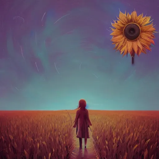 Image similar to giant sunflower face, girl walking in wheat field, hills, surreal photography, dark night, star trails, dramatic light, impressionist painting, clouds, digital painting, artstation, simon stalenhag