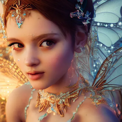 Image similar to portrait of fairy princess, glowing, ornate and intricate jewelry, jaw dropping beauty, glowing background lighting, white accent lighting, hyper detailed, fairy tale, 4 k octane render