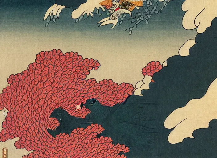 Image similar to katsushika hokusai art with birds