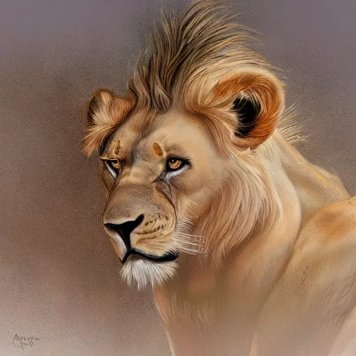 Prompt: Lion looking to a kid , artwork by Aaron Blaise, disney, art station