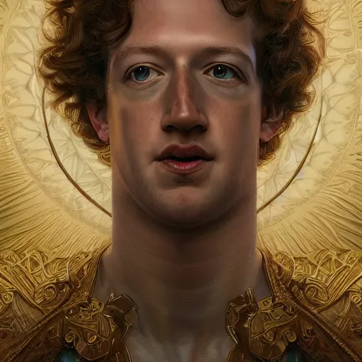 Image similar to portrait of mark zuckerberg as a heavenly god, full body, muscular, fantasy, intricate, elegant, highly detailed, digital painting, artstation, concept art, matte painting, sharp focus, illustration, art by artgerm and greg rutkowski and alphonse mucha