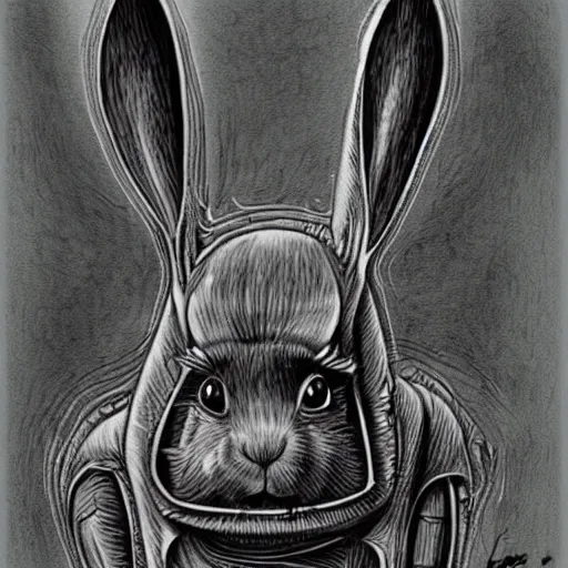 Image similar to a rabbit in the style of hr giger