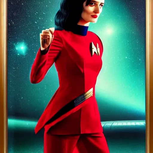 Image similar to a full body portrait of eva green as a star fleet officer from star trek next generation, ultra rendered, extreme realism and detail, 8 k, highly detailed, realistic, completely framed, hyper realistic, colorful, direct lighting, 3 5 mm photo, photorealistic, sharp focus