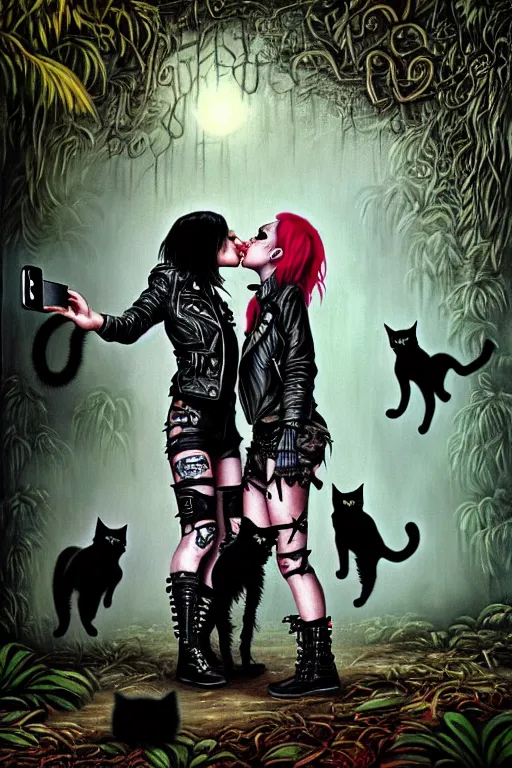 Image similar to punk rock girls kissing and making selfie with black cats in jungle , 1980 style, mad max jacket, post apocalyptic, Cyberpunk, renaissance, Gothic, mystic, highly detailed, 4k, fog, oil painting on canvas, Kubrick movie, hyper realistic style, fantasy by Olga Fedorova