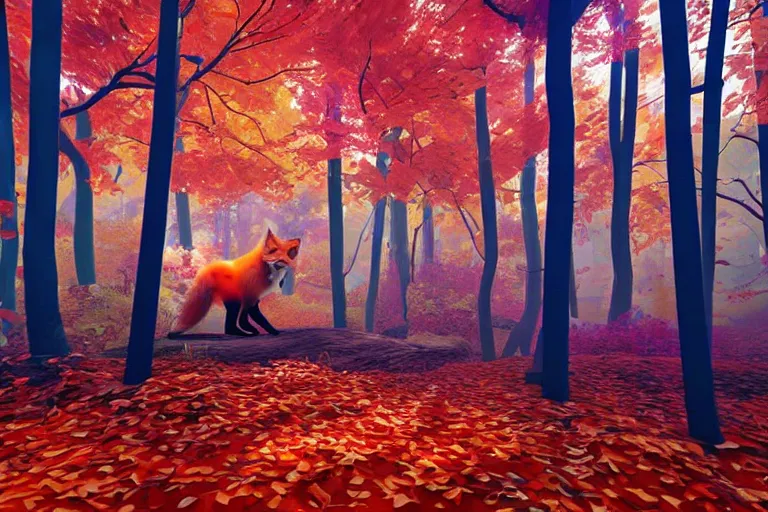 Image similar to super detailed color lowpoly art, red fox in an autumn maple forest, unreal engine, retrowave color palette, 3 d render, lowpoly, colorful, digital art, perspective