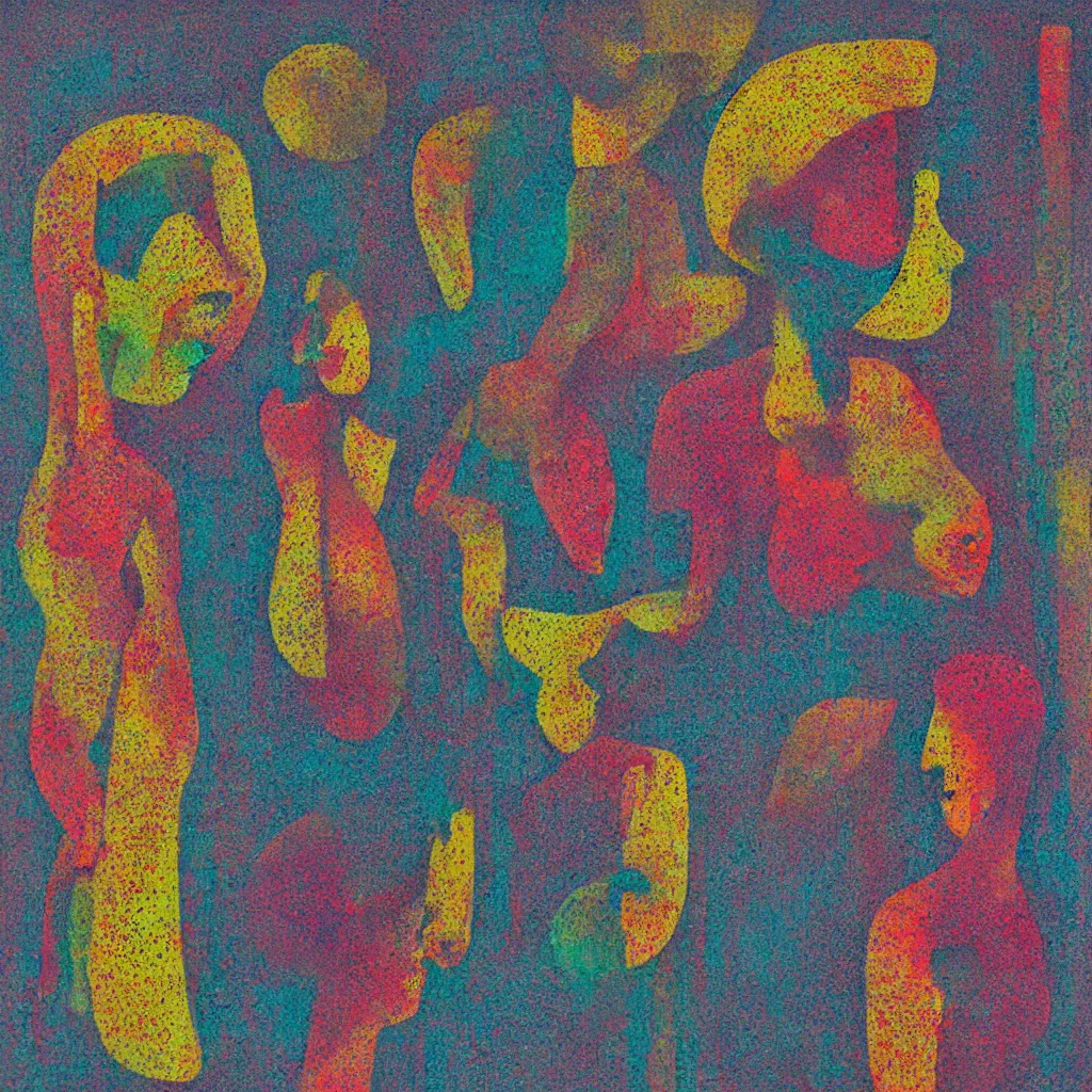 Image similar to two human figures anxiety, smiling, abstract, maya bloch artwork, ivan plusch artwork, cryptic, lines, stipple, dots, abstract, geometry, splotch, concrete, color tearing, uranium, acrylic, hints of color, pitch bending, faceless people, dark, ominous, eerie, minimal, points, technical, painting