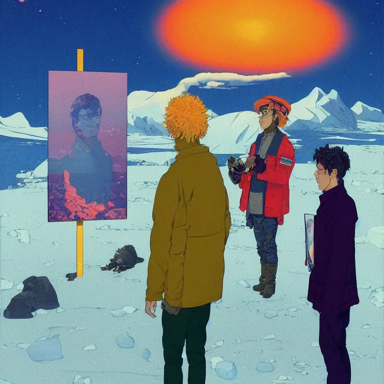 Prompt: a portrait of a young man explaing his trip with a transparent glass portrait of a young man holding a colorful blotter paper of lsd acid and dreaming psychedelic hallucinations in the vast icy landscape of antarctica, by soul bass, kawase hasui, moebius and edward hopper, colorful flat surreal design, xray hd, 8 k, artstation