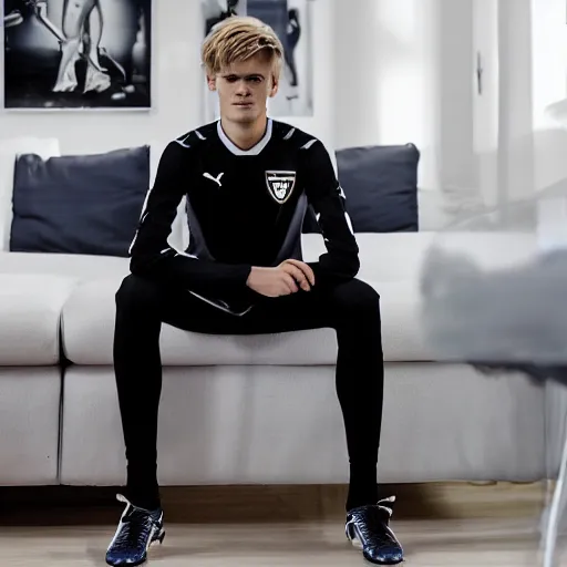 Image similar to a realistic detailed photo of a guy who is an attractive humanoid who is half robot and half humanoid, who is a male android, soccer player martin ødegaard, shiny skin, posing like a statue, blank stare, in a living room, on display