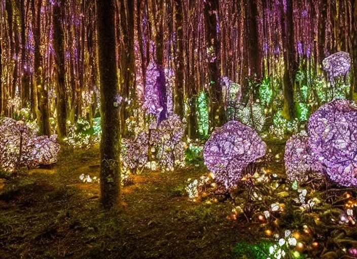 Image similar to a magical forest with crystal flowers that glow in the dusk,