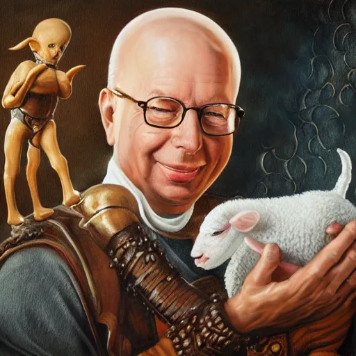 Prompt: a detailed fantasy character painting of Klaus Schwab holding an Android robot lamb dressed like Jesus Christ, by lauri blank, artgerm, evelyn de morgan, 8K, 50mm lens