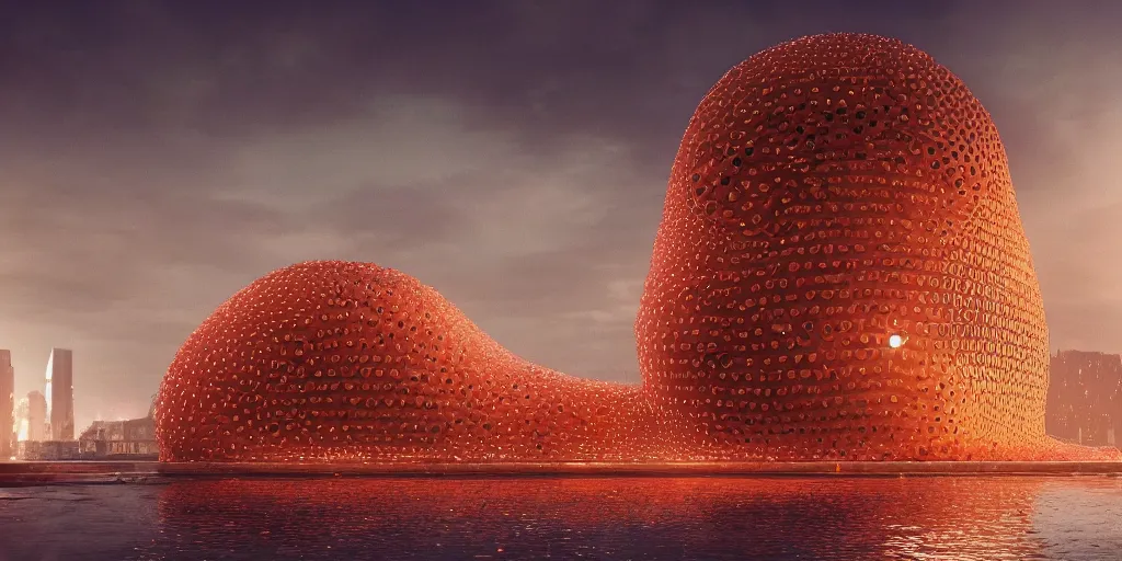 Image similar to An epic architectural rendering of a blob shaped trypophobia house with a mysterious red glow emitting from inside in a modern cityscape next to a river, stunning, gorgeous, golden ratio, photorealistic, featured on artstation, 4k resolution