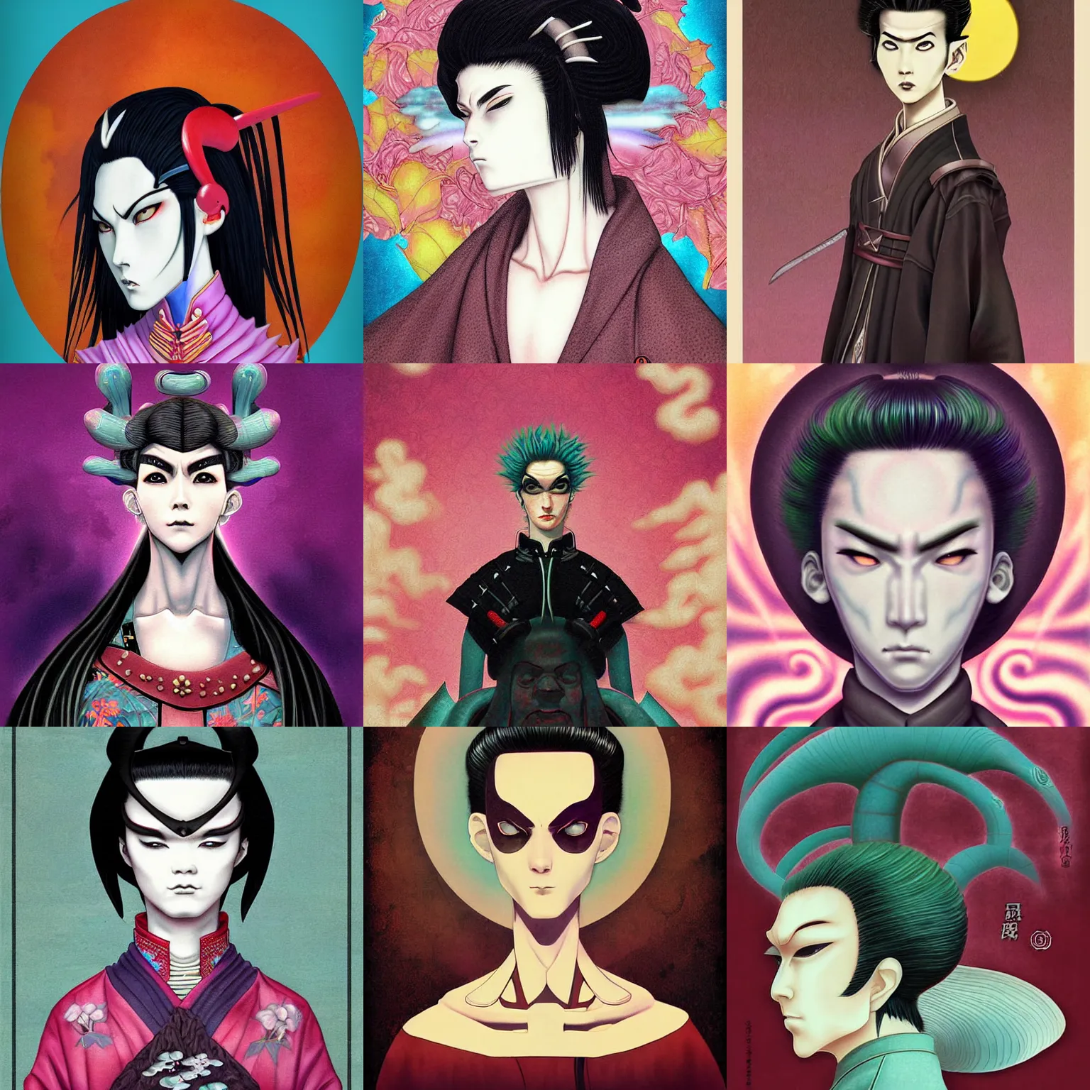Prompt: digital painting of an male goth samurai by terese nielsen, mark ryden, amy sol in the style of, vintage shoujo, fantastic planet, 6 0 s poster art, minimalist poster art, vaporwave colors, stipple, artgerm