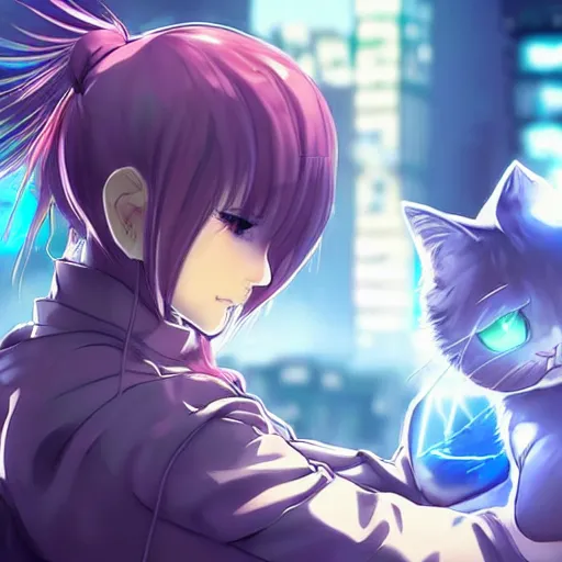 Image similar to anime girl petting a robotic cat, cyberpunk, cinematic lighting, blue glowing eyes, beautiful, extremely detailed, anime, cute,