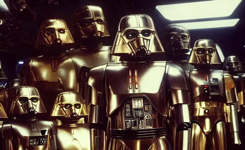 Image similar to screenshot portrait of Luke Skywalker with a fleet of a dozen chrome C-3P0 droids, iconic scene from 1980s film by Stanley Kubrick, 4k, cinematic still frame, surreal sci fi architecture, portrait photoreal, detailed face, moody lighting, stunning cinematography, hyper detailed, sharp, anamorphic lenses, kodak color film stock