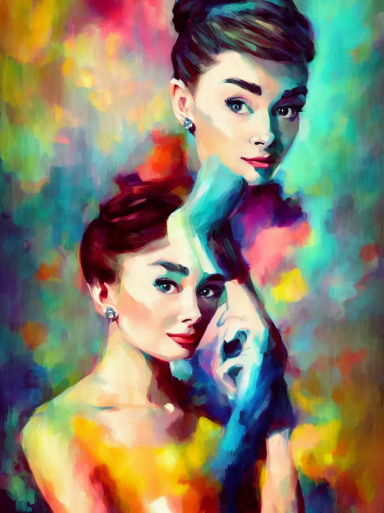 Image similar to a portrait of Audrey Hepburn, glamorous setting, vivid colors, soft lighting, atmospheric, cinematic, moody, in the style of Ross Tran, oil on canvas, 8k