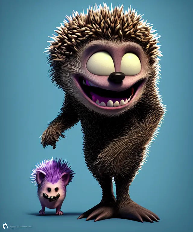 Image similar to an anthropomorphic hedgehog in the style of monsters inc, fantasy, elegant, crisp 8 k line art, digital painting, artstation, unreal engine, octane render, concept art, matte, sharp focus, illustration, art by dave kendall