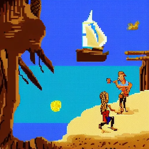 Prompt: Guybrush Threepwood discovers the secret of Monkey Island. High resolution Pixel art.