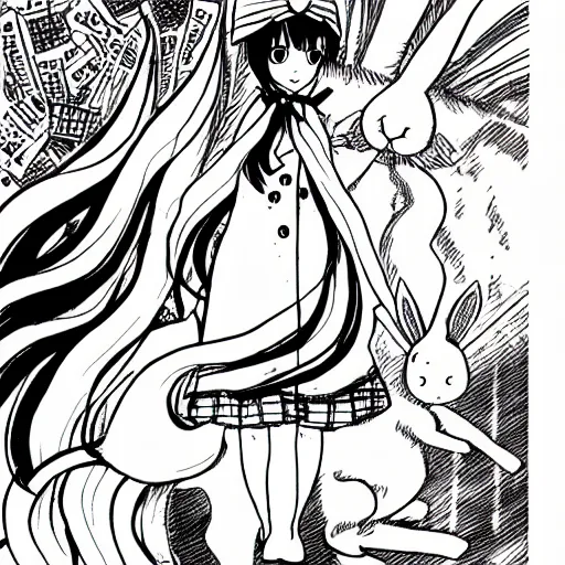 Prompt: anime girl with long dark hair in sailor uniform standing next to a giant sized rabbit, manga, white background, clean lines in dark pen, drawn by junji ito