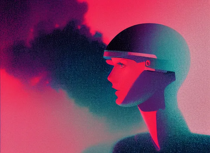 Image similar to ( ( dither ) ), editorial illustration portrait of a young astronaut girl, colorful, modern art deco, mads berg, karolis strautniekas, christopher balaskas, stippled light, fog, moody, fine texture, dramatic lighting, dynamic composition, detailed, matte print, dynamic perspective, muted color