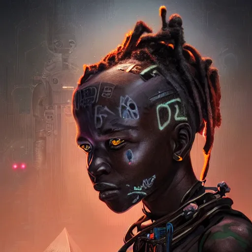 Prompt: a dark and ominous cyborg african child soldier with glowing eyes and steel dreadlocks, neon graffiti, Apex Legends character digital illustration portrait design, by android jones and greg rutkowski in a cyberpunk voodoo style, retrowave color scheme, detailed, cinematic lighting, wide angle action dynamic portrait