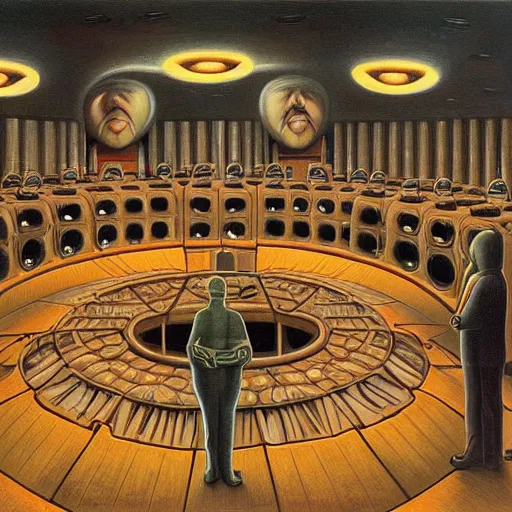 Prompt: portrait of an evil mastermind inside a dome - shaped control center, evil lair, pj crook, grant wood, oil on canvas