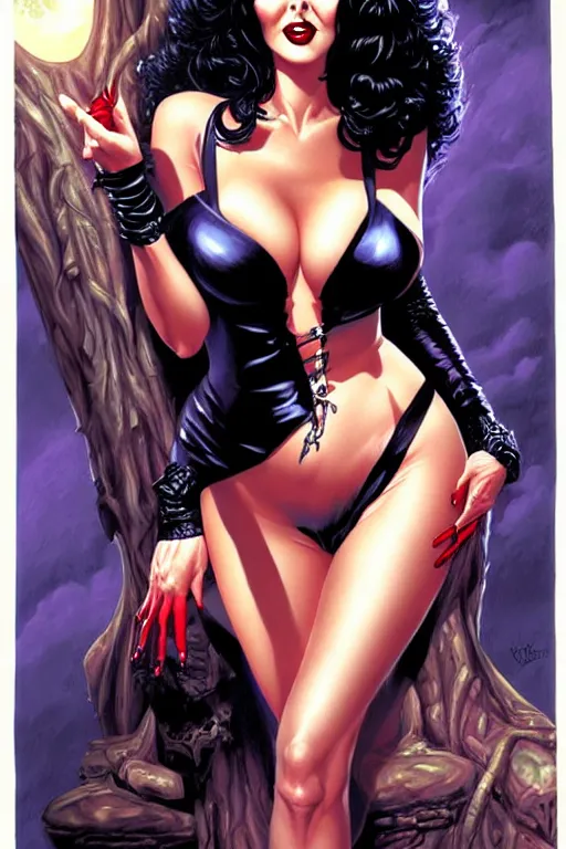 Prompt: a ( beautiful masterpiece highly detailed ) illustration of intimate alluring elvira! mistress of the dark by ralph horsely and artgerm and joe jusko