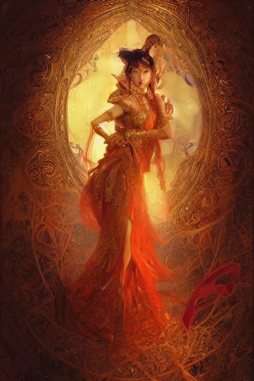 Image similar to tarot card artstation, portrait of an asian love dancer, sunrise, baroque ornamnet and rococo ornament, ancient chinese ornate, hyperdetailed, beautiful lighting, craig mullins, mucha, klimt, yoshitaka amano, red and gold and orange color palatte