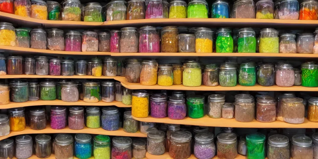 Prompt: a shelf full of colorful jars containing souls of the damned