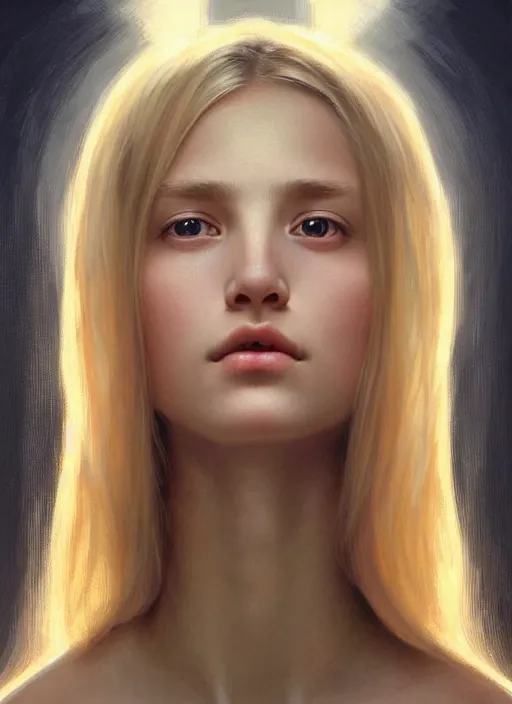 Image similar to beautiful symmetrical face, portrait of young woman blessed with ever - increasing physical and mental perfection, realism, blonde hair, perfect face!! intricate, elegant, highly detailed, vision of holy perfection!! digital painting, artstation, concept art, smooth, sharp focus, illustration, humanity, art by artgerm and greg rutkowski and alphonse mucha