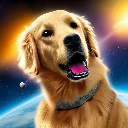 Image similar to a golden retriever in space wearing cape, 4k