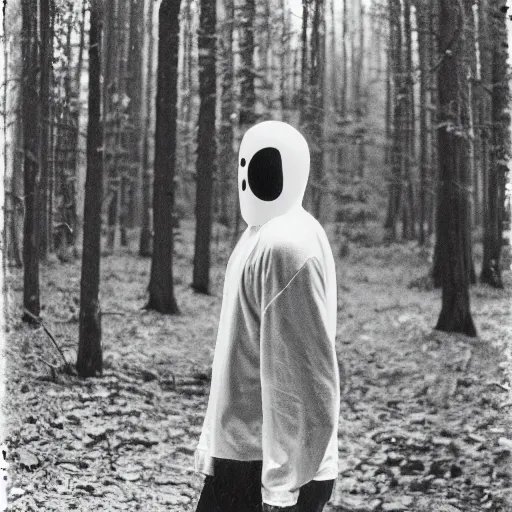 Prompt: man wearing a ghost face mask in the woods, 8 0 s, polaroid, disposable film, 8 mm