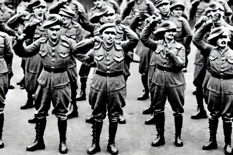 Image similar to minions as german soldiers in ww 2, goose stepping, military parade, dress uniforms