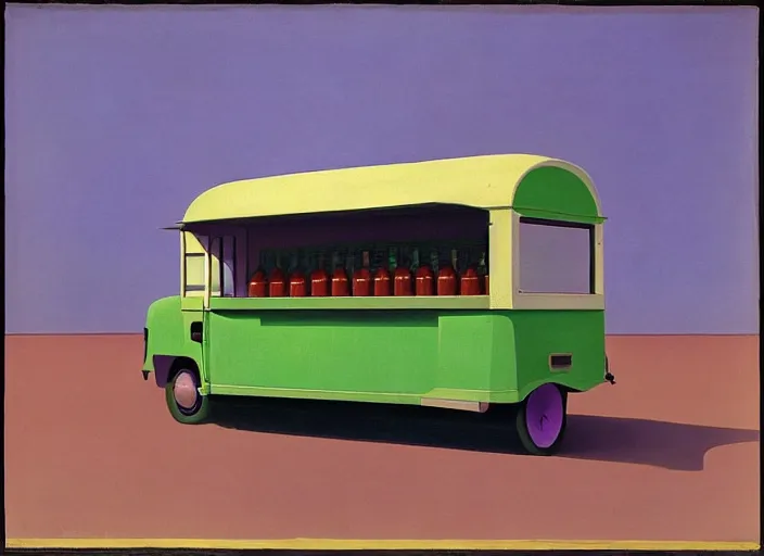 Image similar to a purple and green ice cream van that sells snake oil instead of ice cream, snake oil salesman selling little brown bottles of medicine, snake van, painting by René Magritte, Edward Hopper, 3D rendered