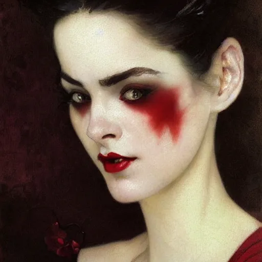 Prompt: portrait of a very beautiful vampire by Stanley Artgerm Lau , greg rutkowski, thomas kindkade, alphonse mucha, loish, norman rockwell, J. C. Leyendecker. dark black hair, pale skin, detailed eyes, red lips, cracks around the eyes and mouth. Trending on artstation rule of thirds extremely detailed 1800s oil painting hd 4k