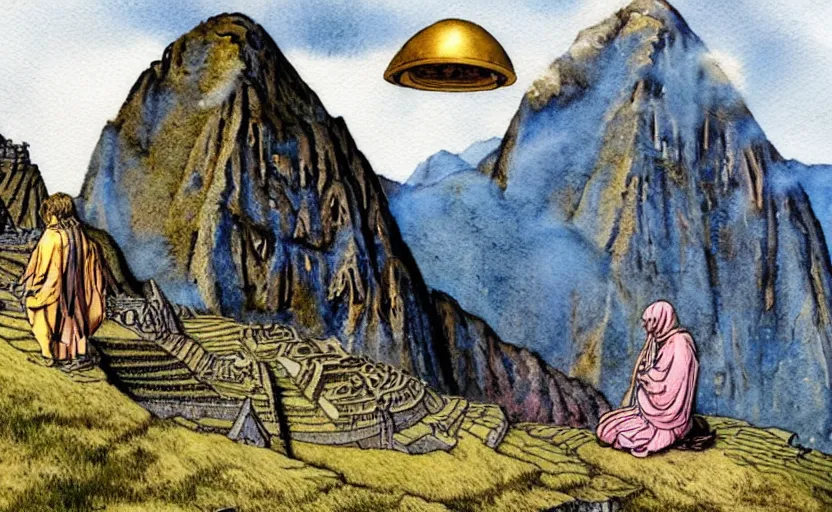 Image similar to a realistic and atmospheric watercolor fantasy concept art of a golden ufo hovering above machu pichu. in the foreground a female medieval monk in grey robes is kneeling with her hands by her sides. by rebecca guay, michael kaluta, charles vess