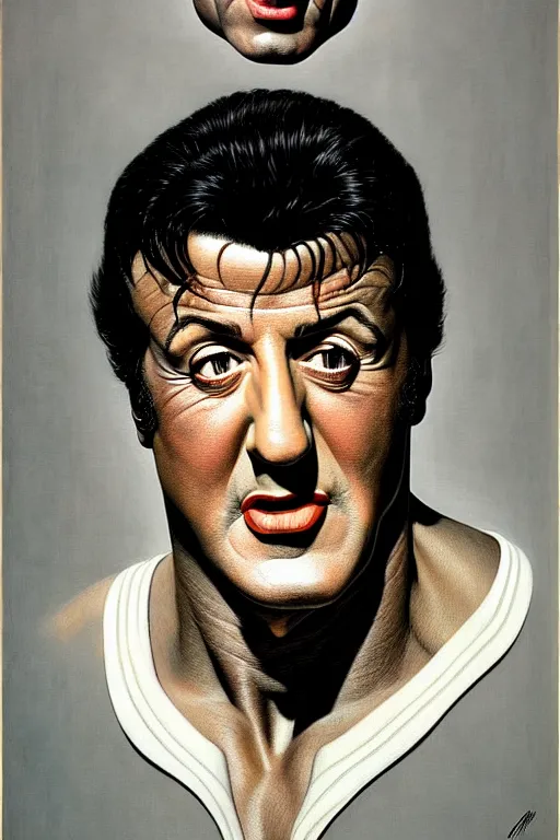 Prompt: portrait of sylvester stallone by gil elvgren and norman rockwell and rob gonsalves and hajime sorayama, hyperrealistic, high detail, ultra detailed, highly detailed face