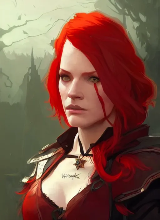 Prompt: concept art of a beautiful red haired female warlock. witcher 3 character design by laurie greasley and sherree valentine daines concept art, matte, sharp focus, illustration, hearthstone, art by artgerm and greg rutkowski and alphonse mucha