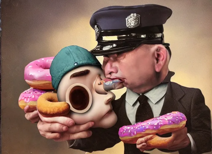Image similar to a donut eating a police officer, lowbrow, matte painting, 3 - d highly detailed, in the style of mark ryden,