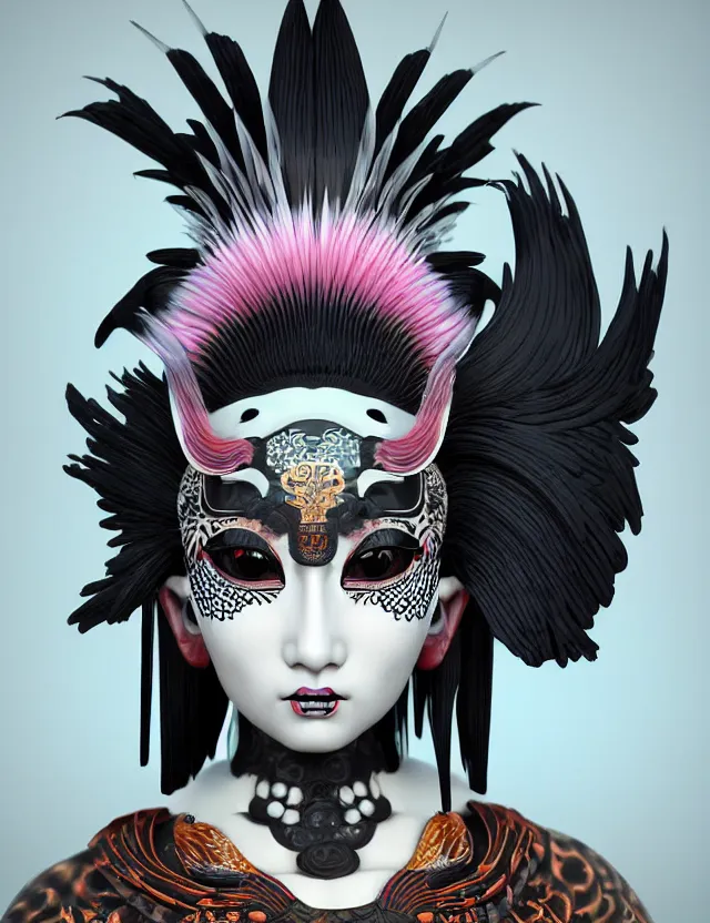 Image similar to 3 d goddess close - up profile simple portrait punk with mohawk with ram skull. beautiful intricately detailed japanese crow kitsune mask and clasical japanese kimono. betta fish, jellyfish phoenix, bio luminescent, plasma, ice, water, wind, creature, artwork by tooth wu and wlop and beeple and greg rutkowski